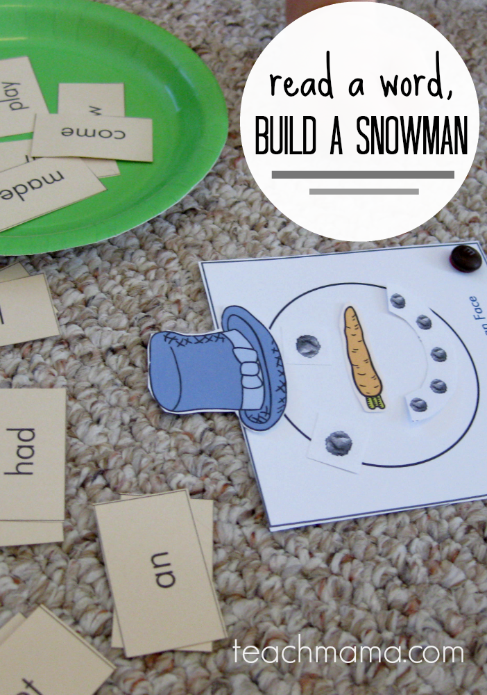 early literacy game for kids: read a word, build a snowman