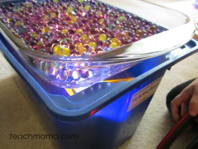 homemade light table, water beads