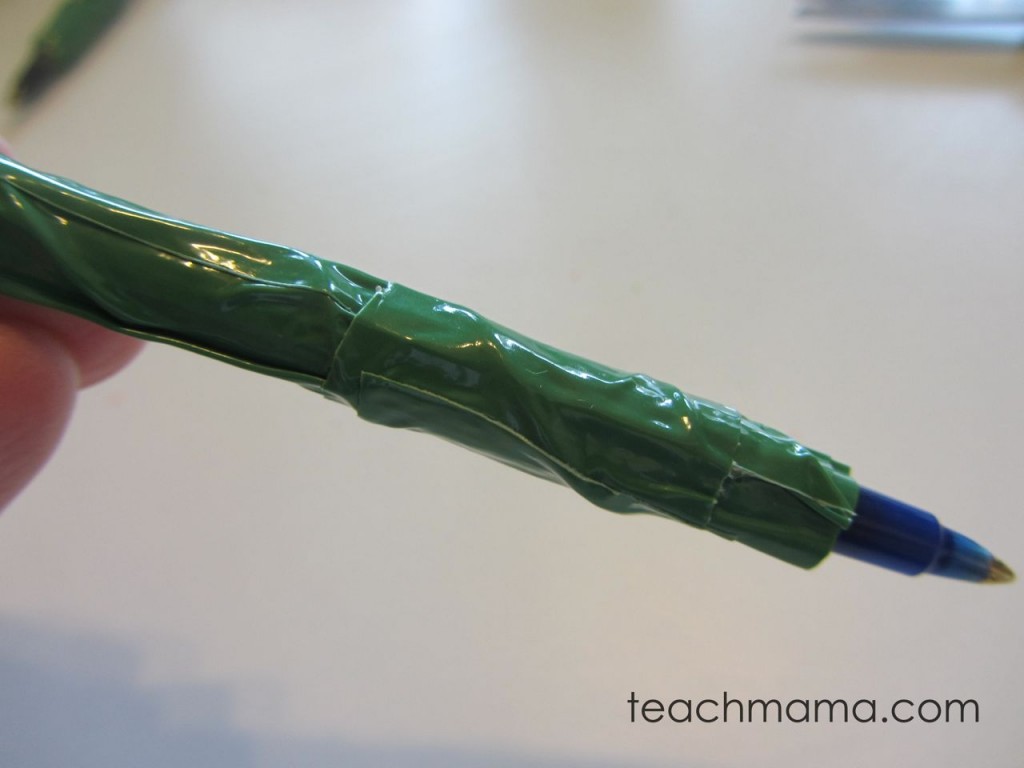 butterfly pens wrapped with green duct tape