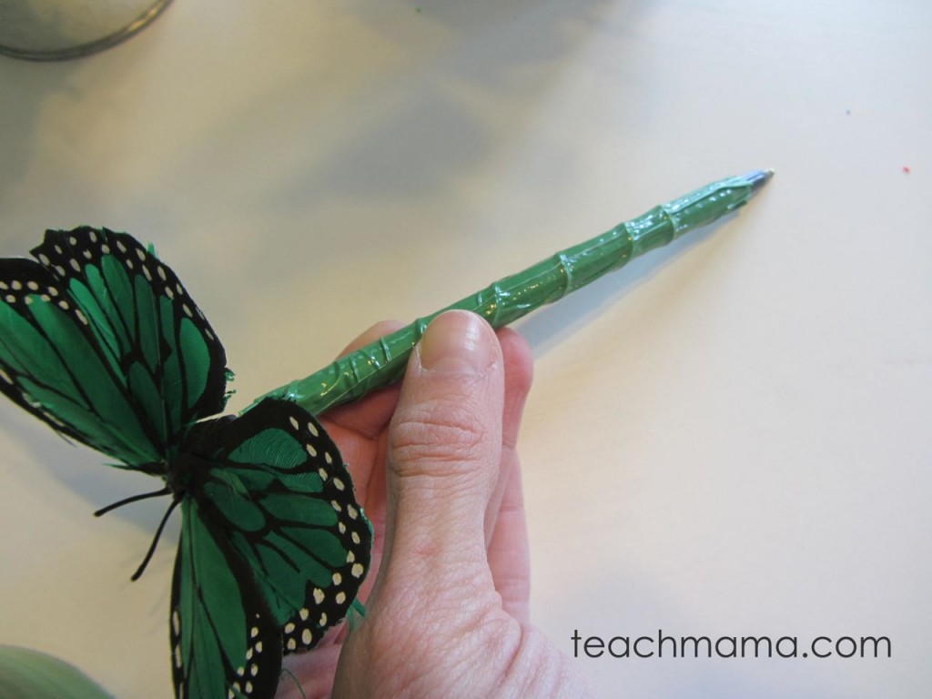 butterfly pens wrapped in green