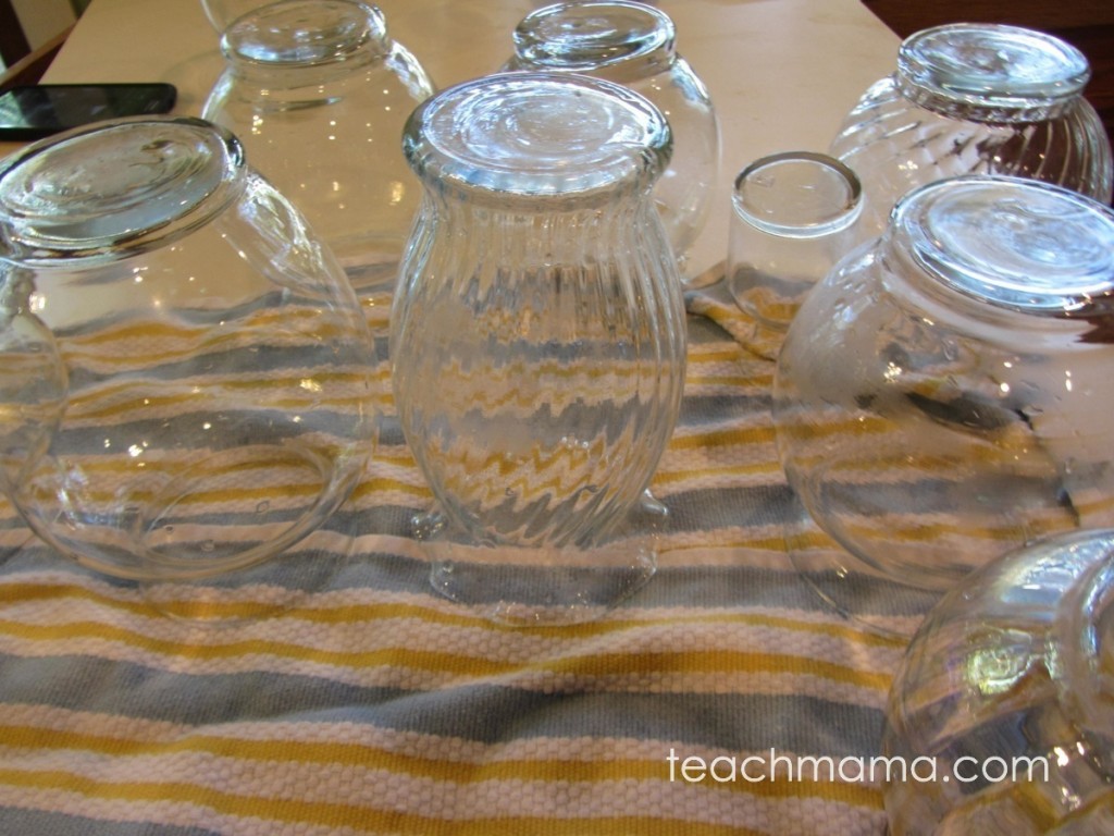10 glass vases drying after being washed