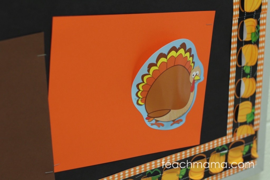 turkey on orange paper on bulletin board