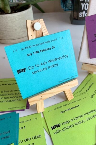 Lent cards for christian families printed in various colors and cut out for use.