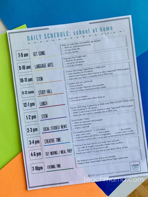 our coronavirus school schedule on colored paper
