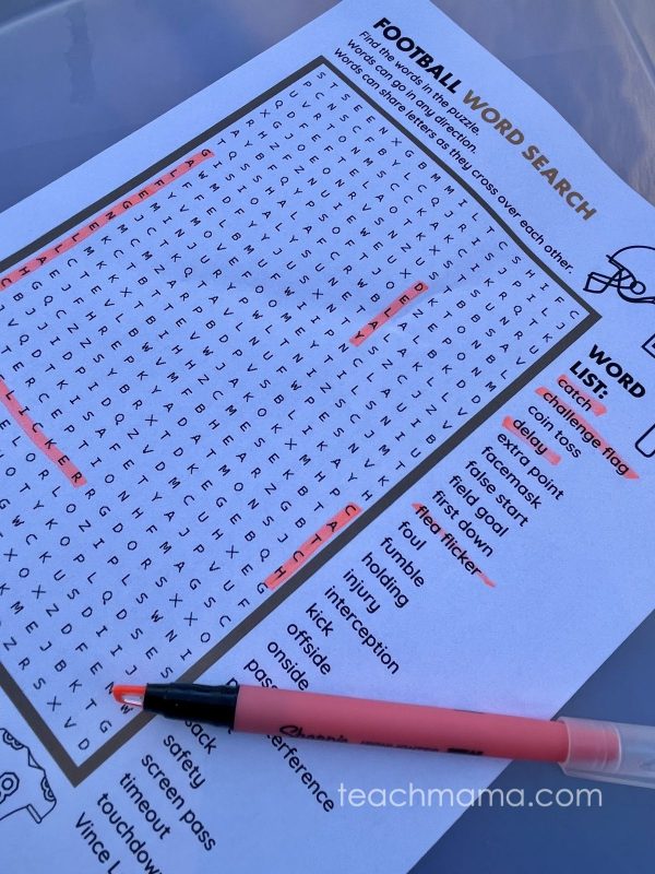 football word search with pen on top
