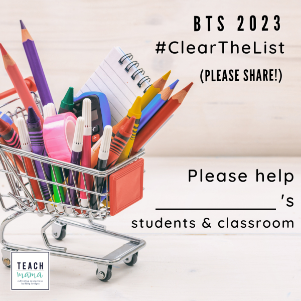Tiny shopping cart filled with school supplies and this on right side: please help ___'s students and classroom.