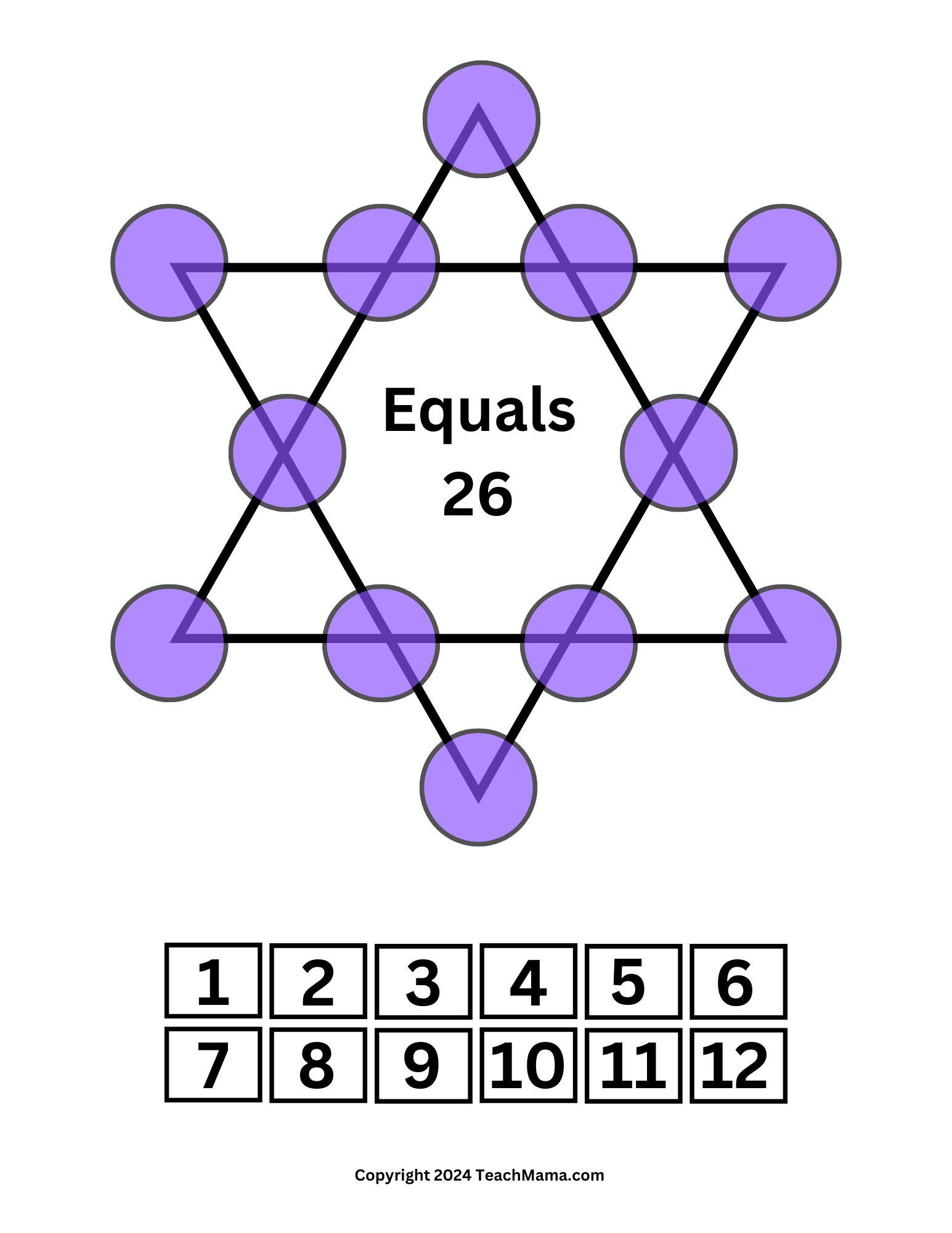 Six-pointed star with purple circles an each point and line intersection. Numerals one through twelve are printed below the star.
