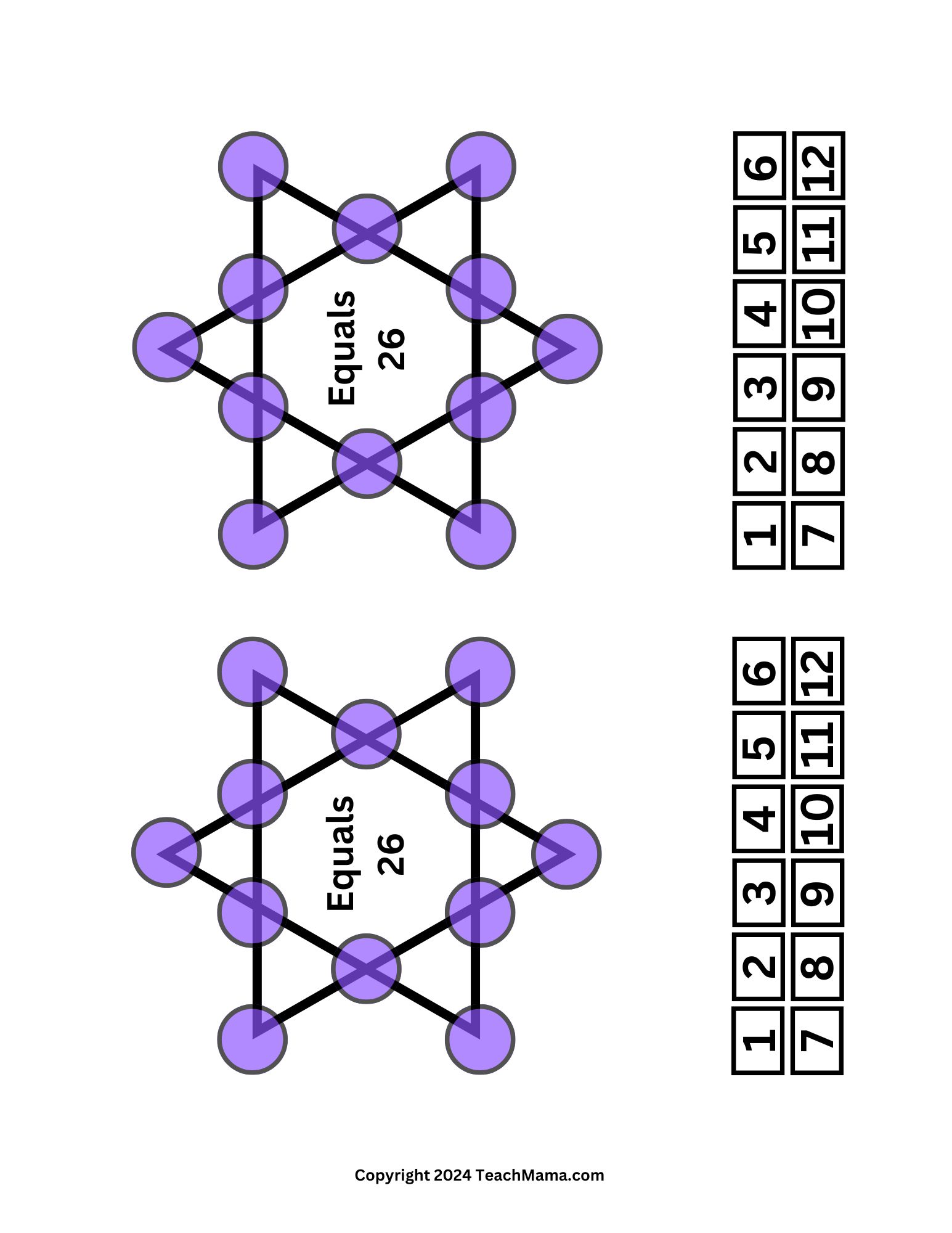 Two six-pointed stars with purple circles an each point and line intersection. Numerals one through twelve are printed below each star.