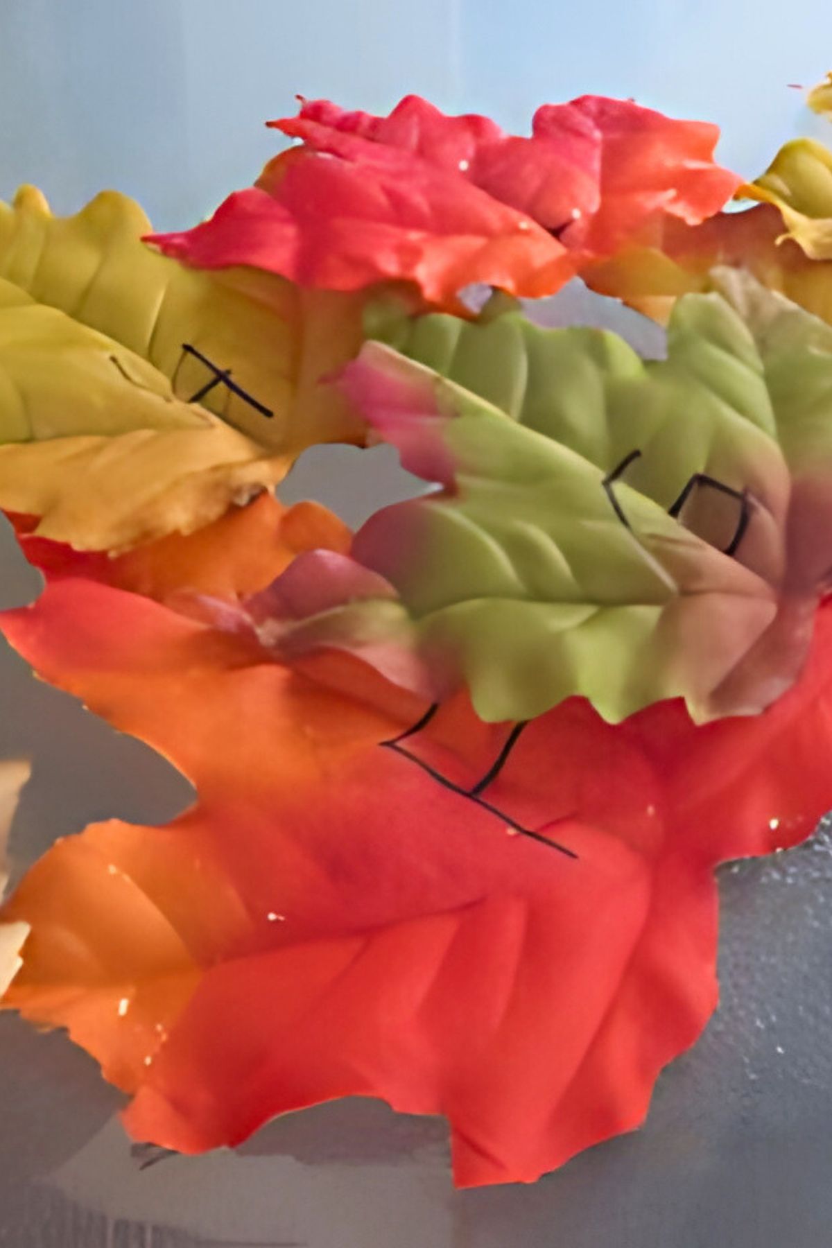 Group of leaves with handwriten letters on them