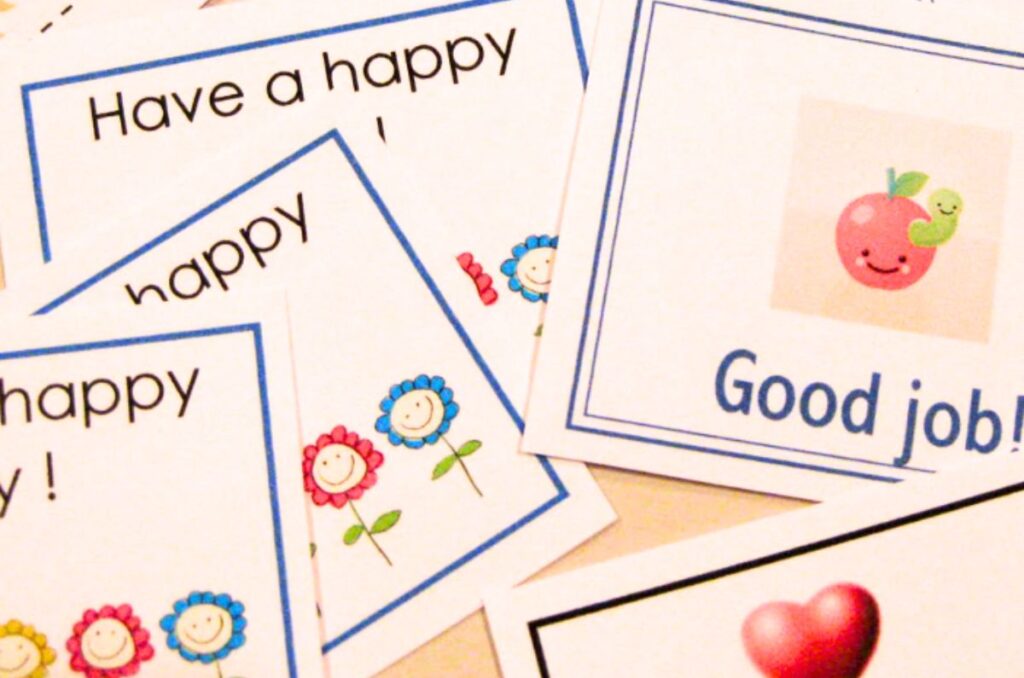 Lunchbox notes with graphics of flowers, hearts and apples with text that says good job and have a happy day
