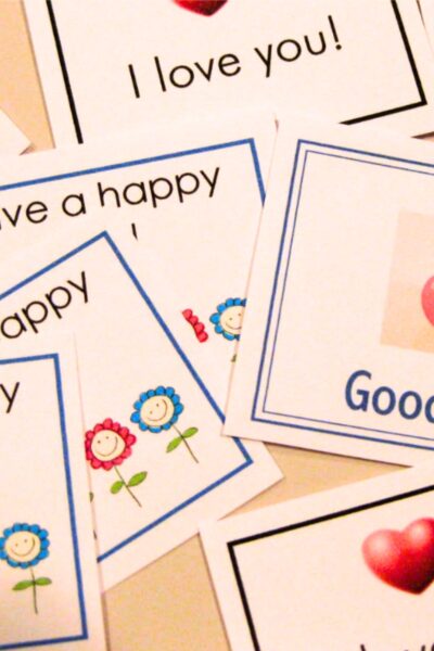 Printed note cards with hearts, flowers and text