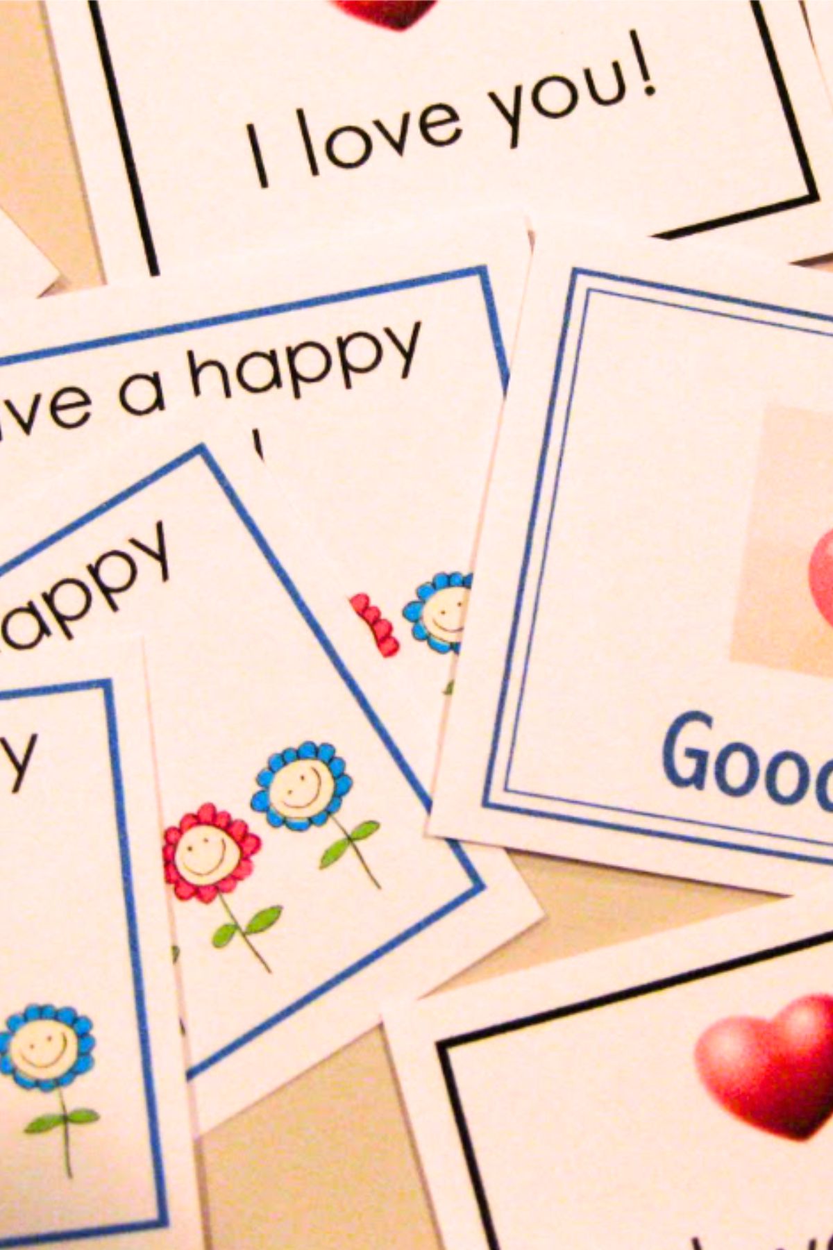 lunchbox love notes Printed note cards with flowers, hearts and text that says I love you, happy and good