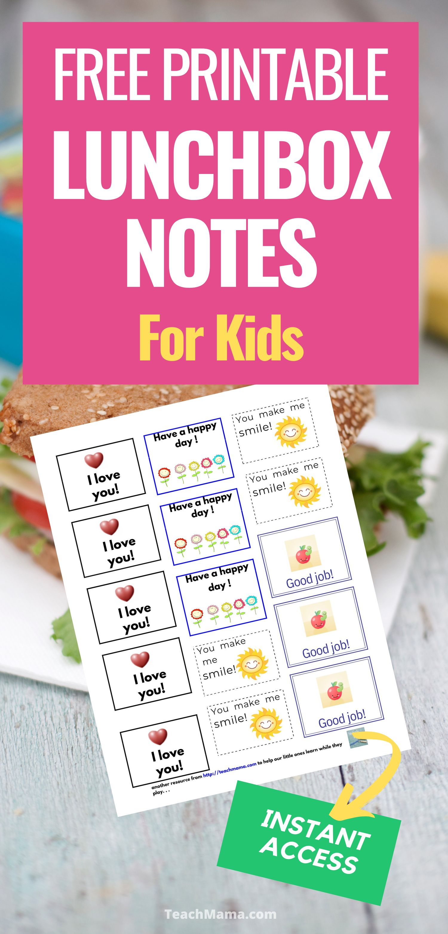 Lunch box note printable image over a lunch plate with test that says free printable lunchbox notes for kids