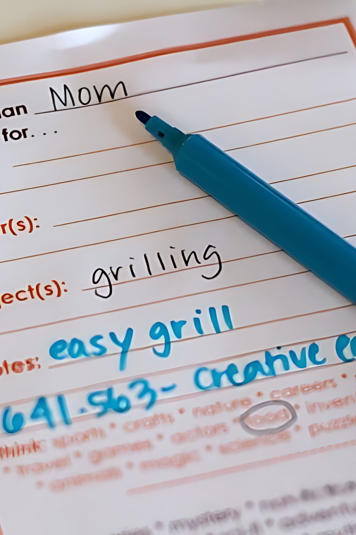Close-up of printed library visit plan with handwritten Mom in the name line and grilling in the subject line