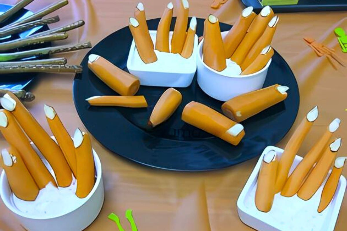 spooky halloween treats on table, class party help for classroom parents Carrot stick "fingers" arranged on black plates and in bowls with cream cheese