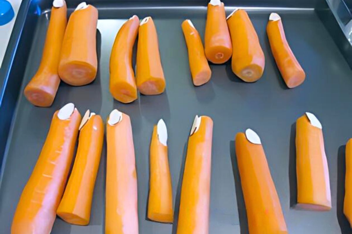 spooky halloween treats carrot fingers, class party help for classroom parents Carrot "fingers" with almond fingernails arranged on a cookie sheet