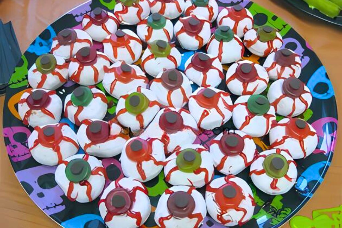 spooky halloween treats eyeballs, class party help for classroom parents Faux bloodshot eyeballs made from small powdered donuts, lifesavers, a chocolate chip and red gell icing