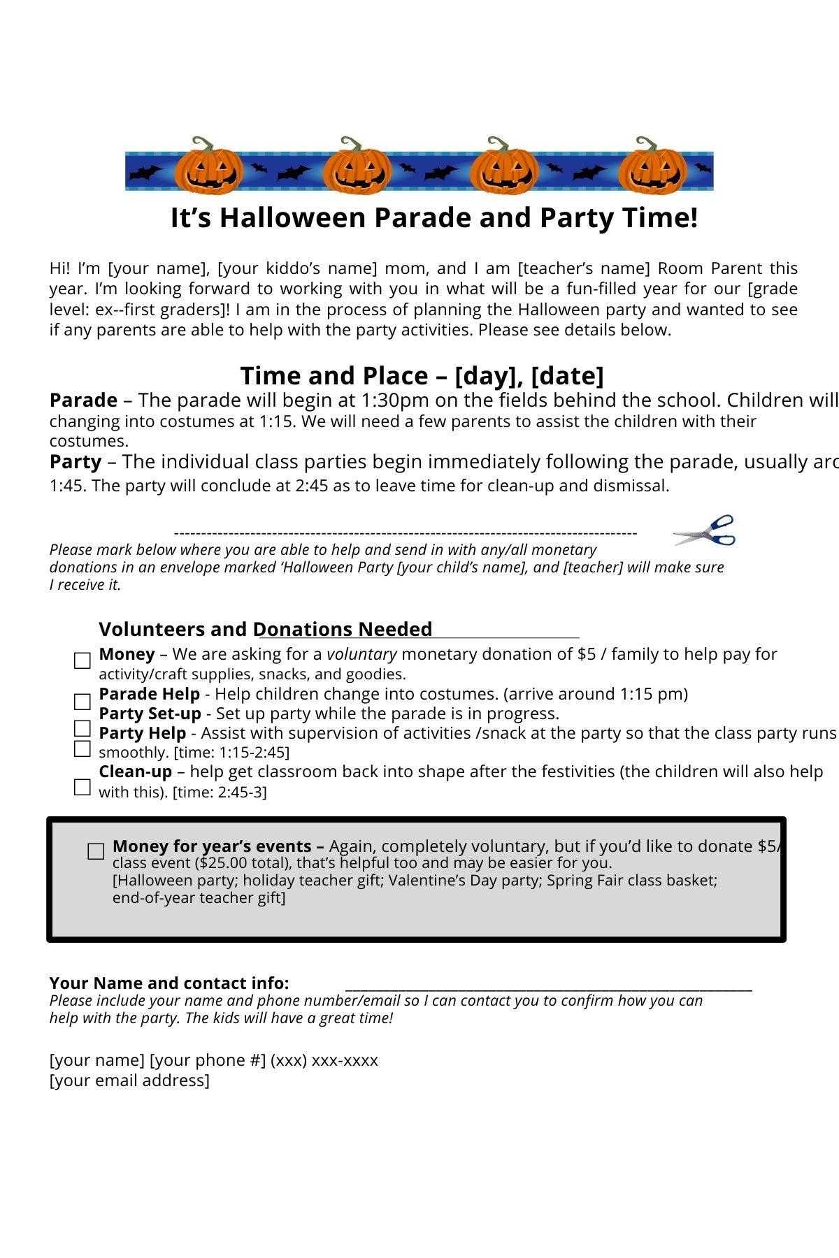 Draft letter with four jack-o-lanterns across the top with details about an upcoming Halloween Class Party