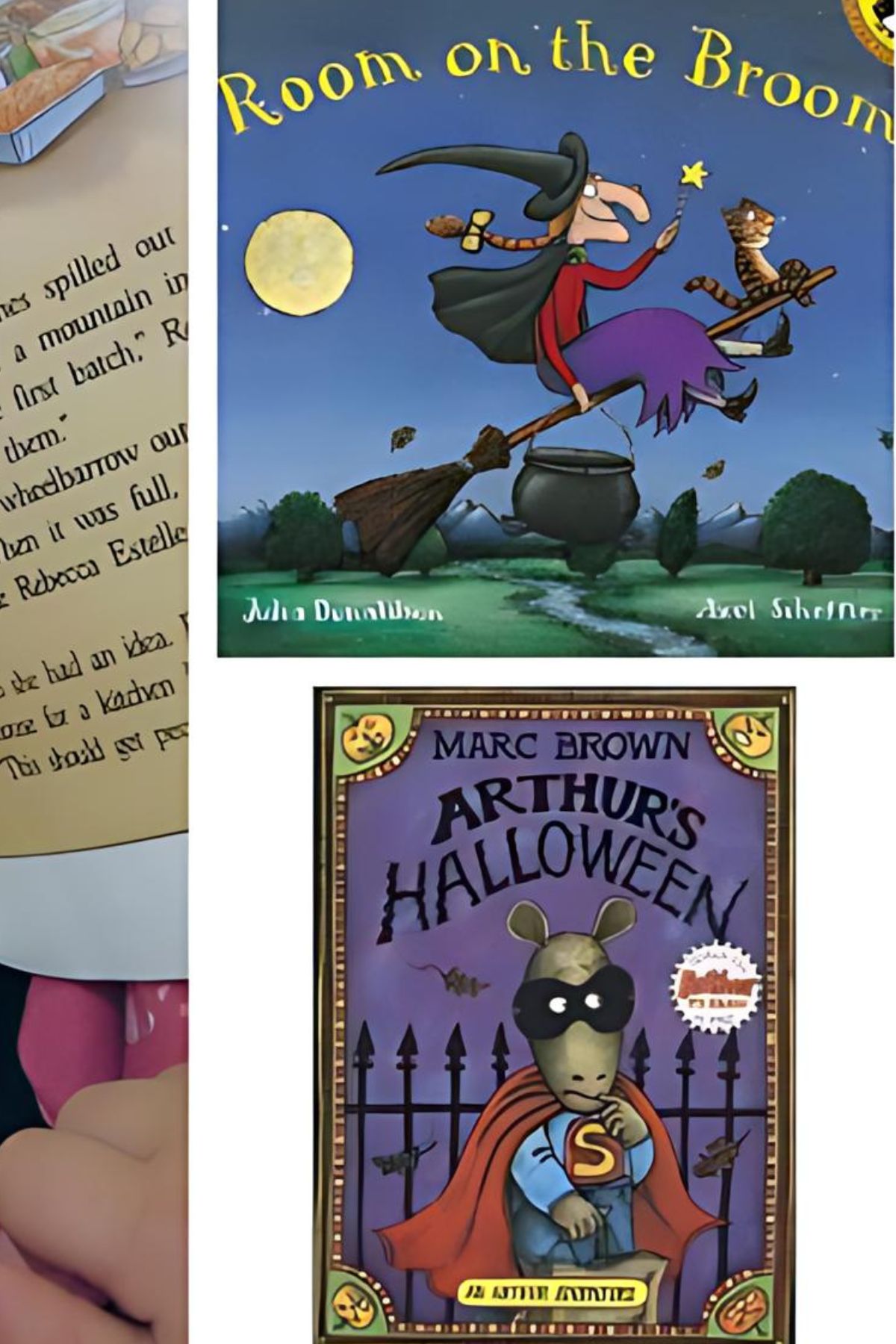 Book covers for Room on a Broom with a witch and a cat riding a broomstick and Arthur's Halloween.