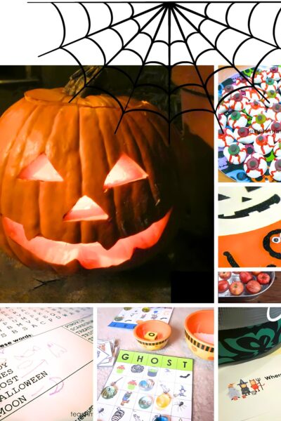 COllage of Halloween images, jack-o-lantern, games sheets and candy corn