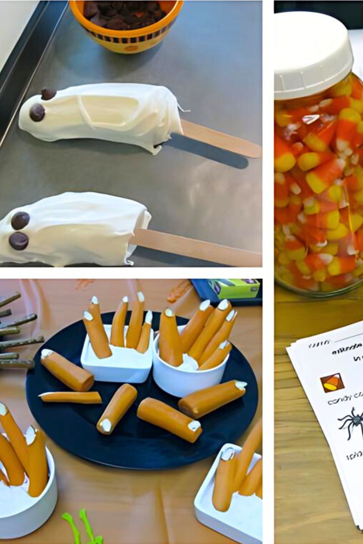 Halloween snacks; "ghost" bananas on a stick, candy corn in a jar and carrot fingers.
