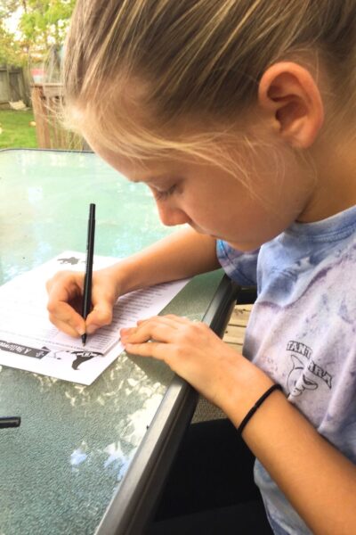 Girl working a fill-in-the-blank story game