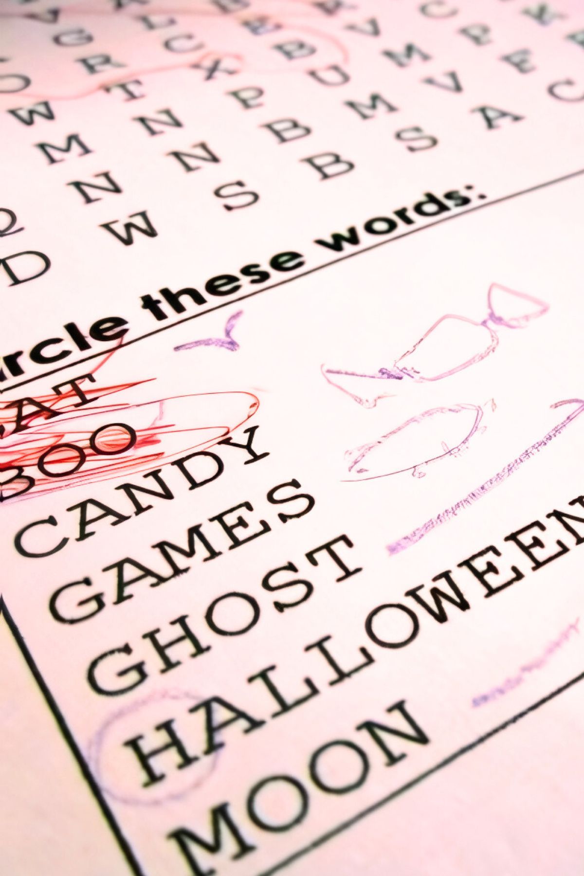 Word search word list with words marked out