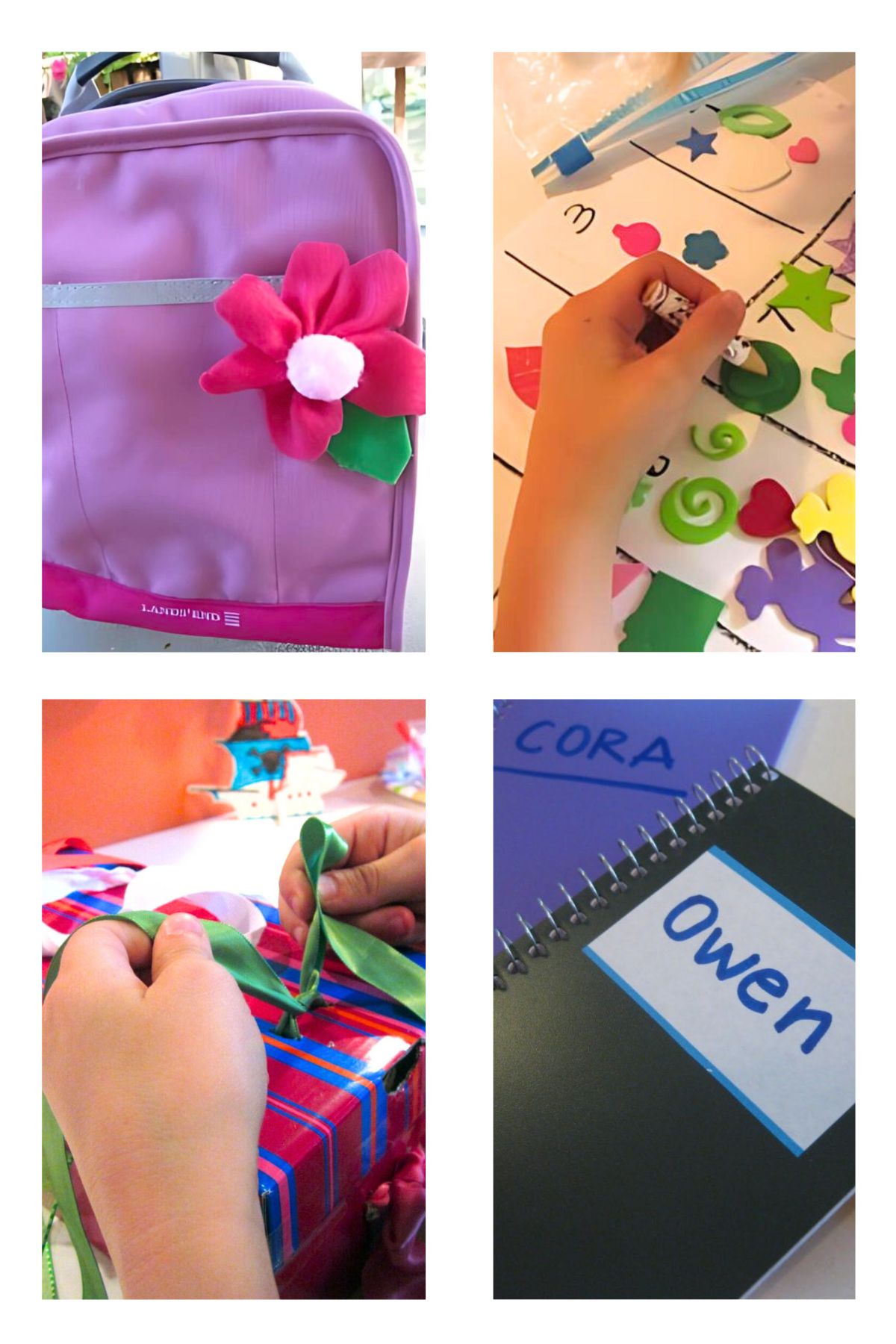 getting ready for kindergarten blog cover Collage of images. Lilac backpack with a cloth flower. A child's hand gluing shapes to a grid board. Black spiral notebook with a name tag on the front cover. A child tying laces.