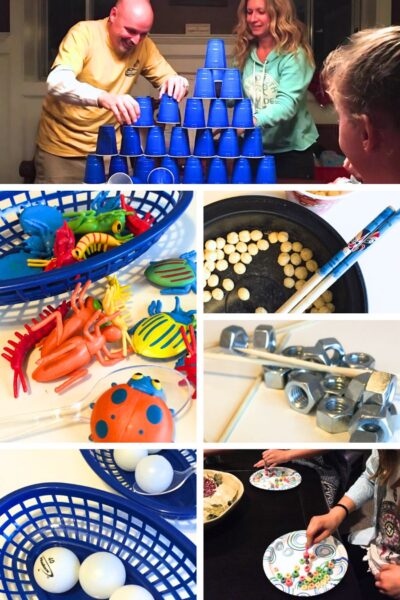 collage image of various minute to win it games being played by the whole family