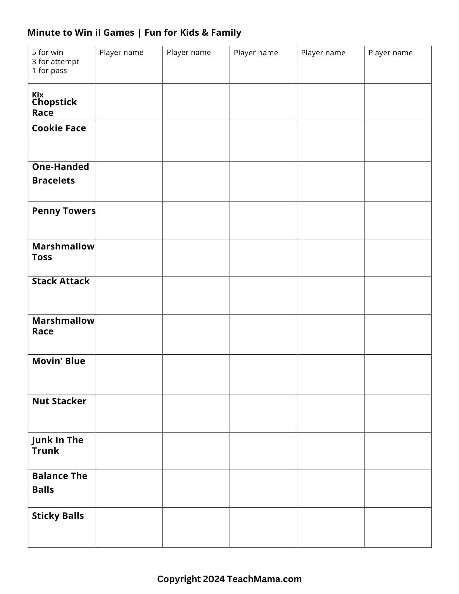 Score sheet grid with players' names across the top and games along the left-hand side