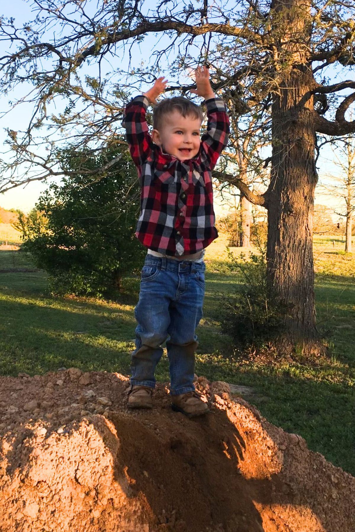 Boy in a checked shirt standing on top of a dirt hill with his arms raised and a big smile on his face