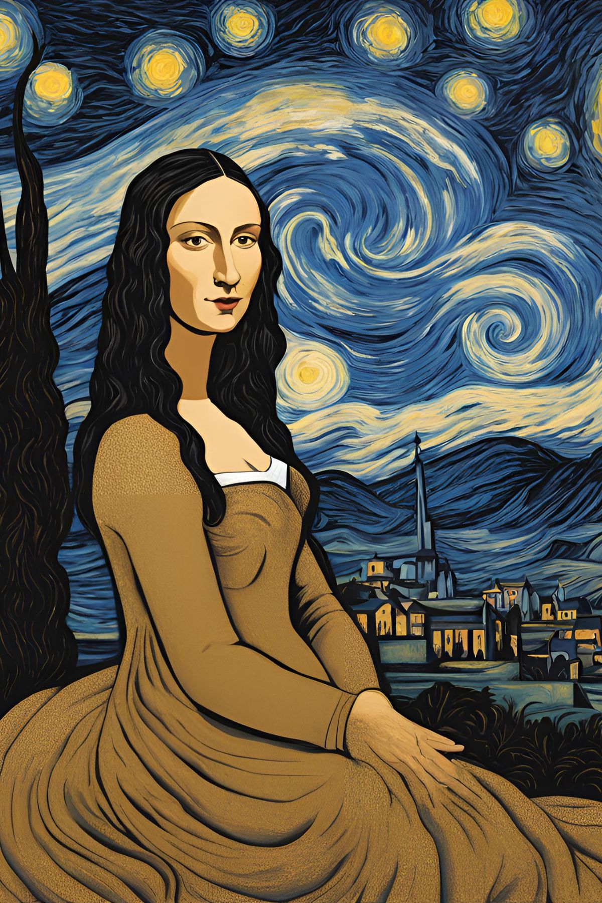 AI generated mona lisa in the style of VanGough's Starry Night