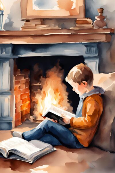Watercolor style image of a boy reading in front of a fireplace