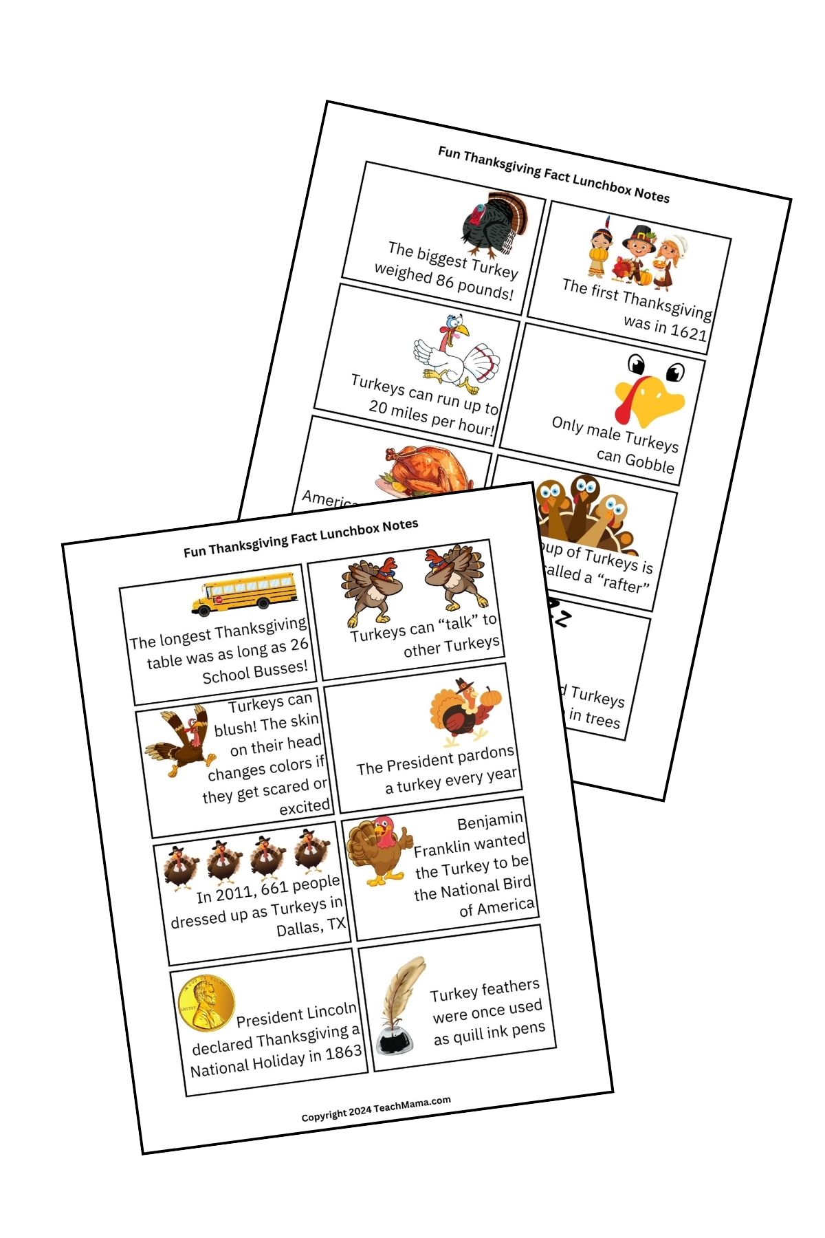 Printed Fun Thanksgiving Fact Lunchbox Notes with colorful Thanksgiving-themed graphics