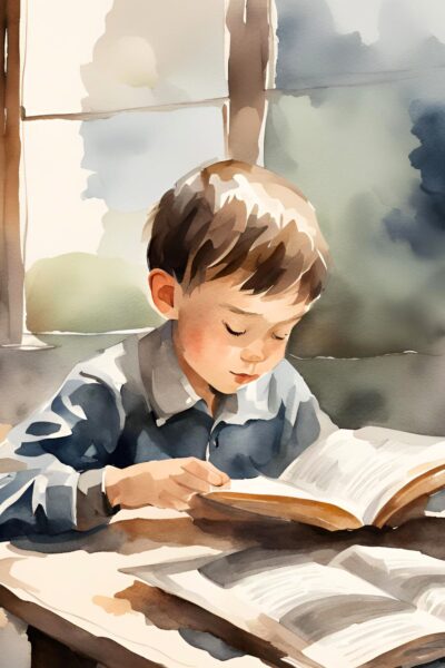 Boy in blue denim jacket reading at a table in watercolor style
