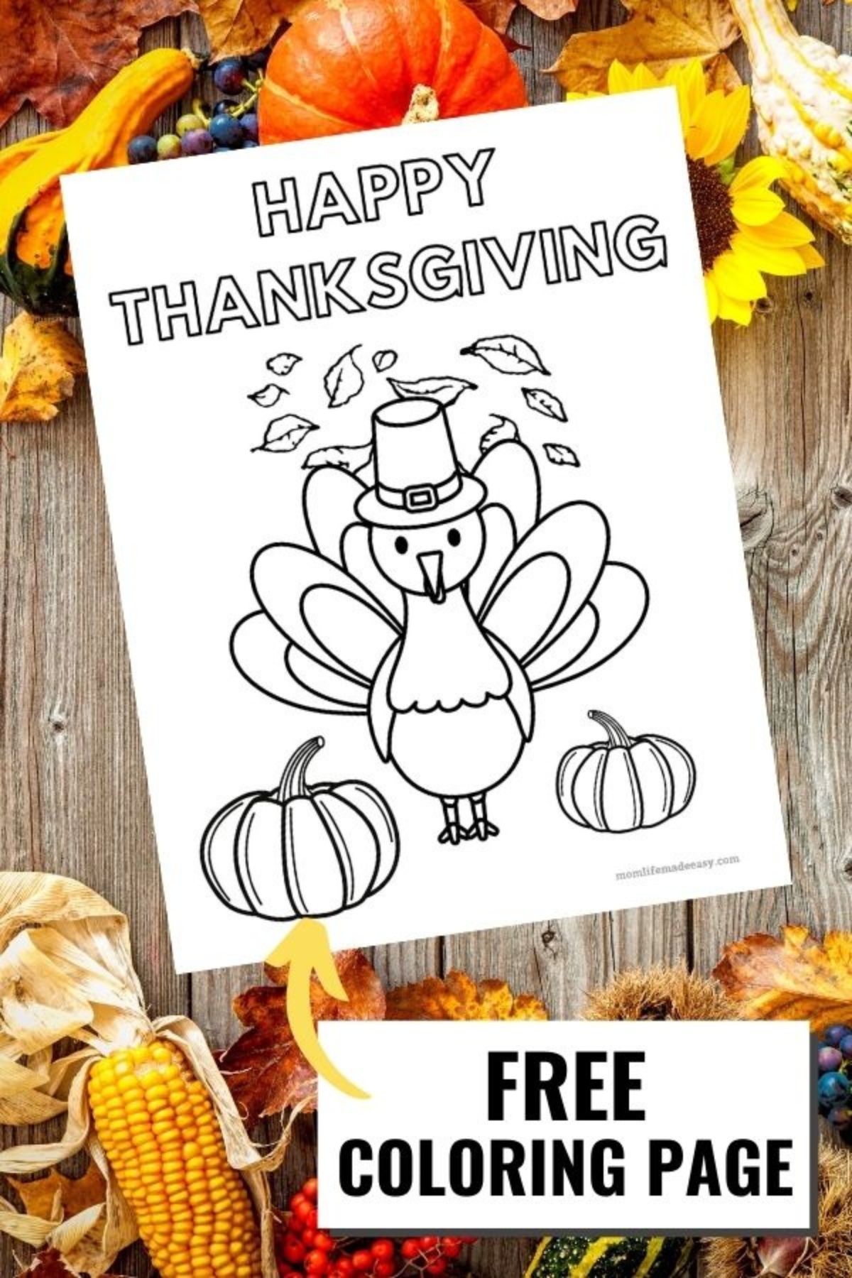 Black and white coloring sheet with a turkey and two pumpkins with swirling leaves