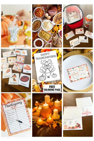 9 square grid with images of Thanksgiving printables