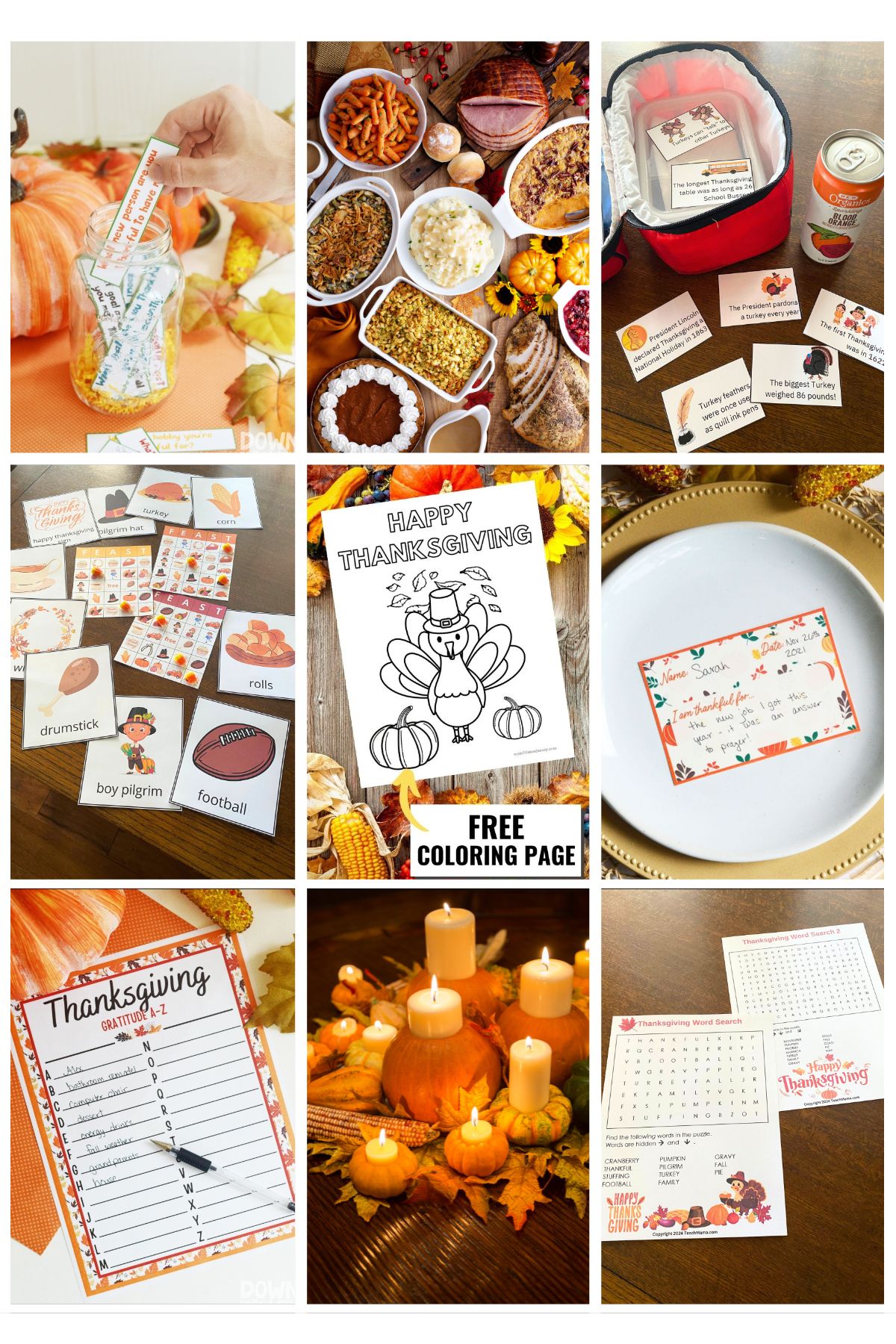 9 square grid with images of Thanksgiving printables