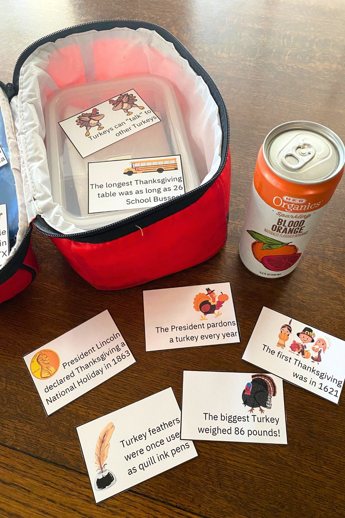 Red lunchbox with printed fun fact notes scattered in and around