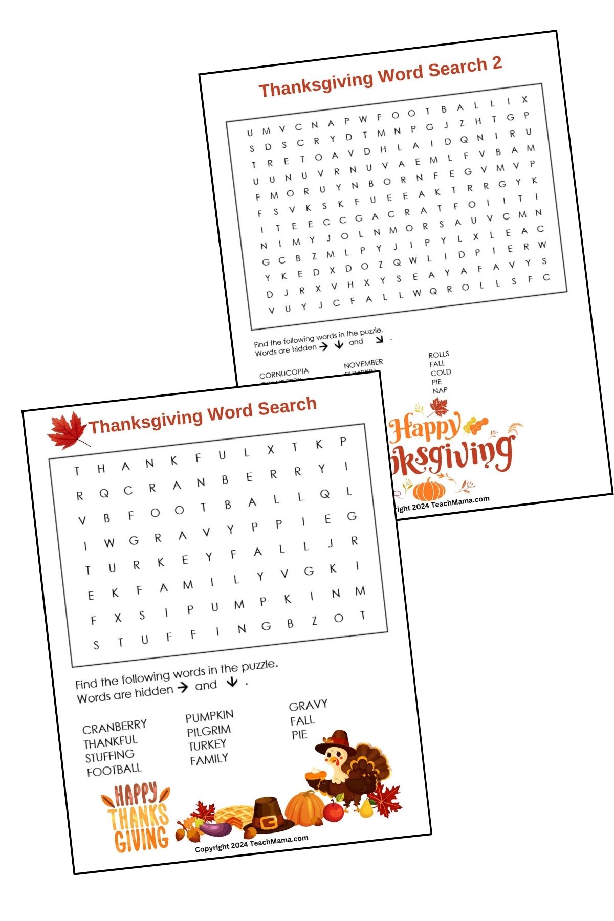 Thanksgiving Word Search Printables each with colorful Thanksgiving-themed graphics
