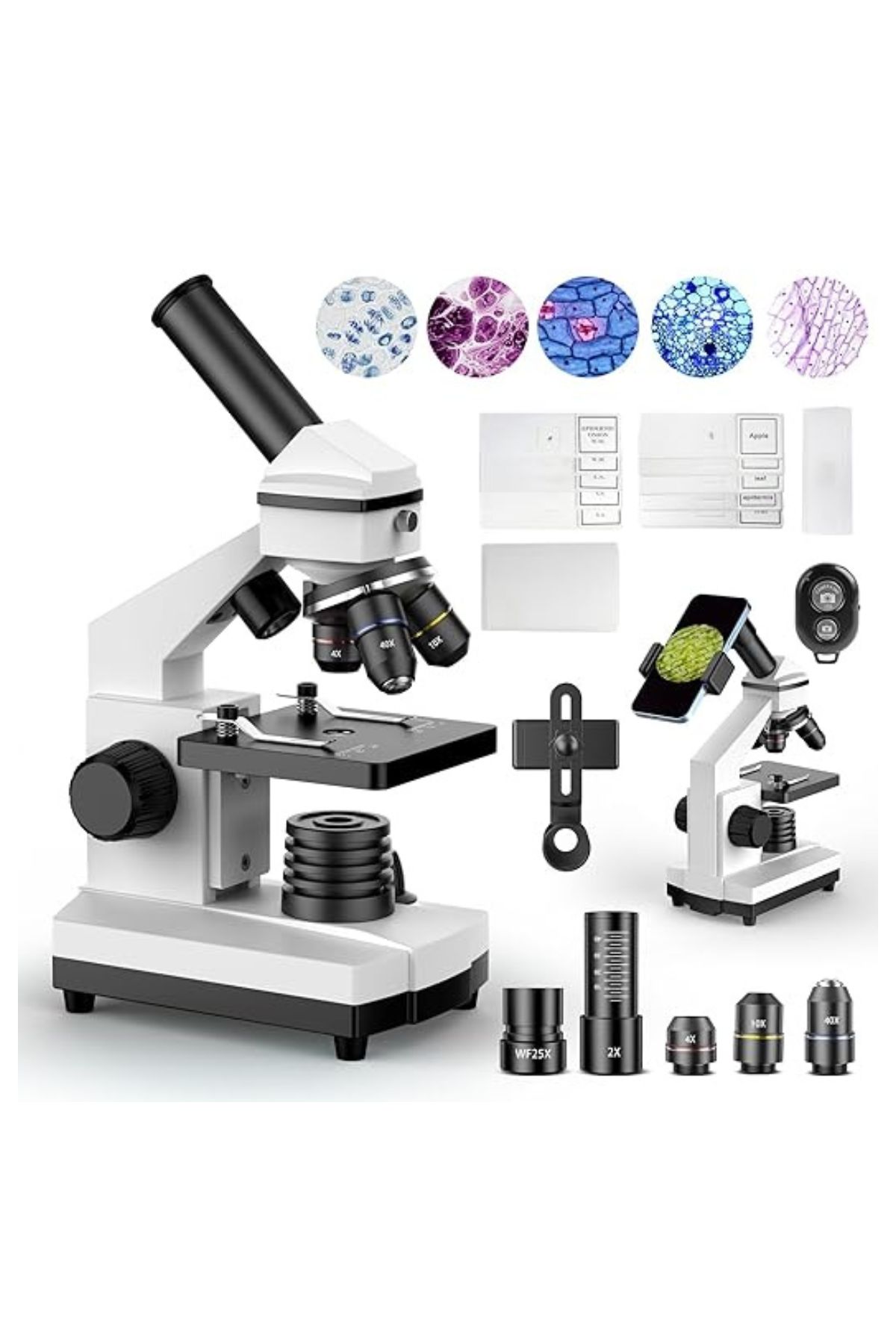 White table-top microscope with slides and accessories