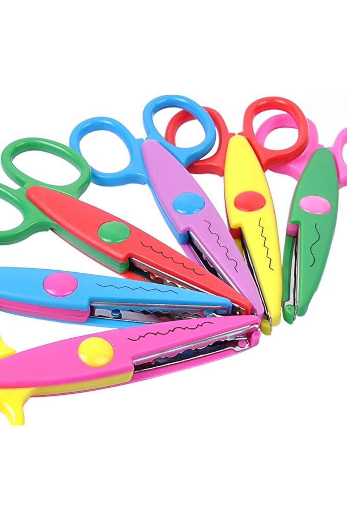 Pink, blue, red, purple, yellow and green deckle-edged scissors
