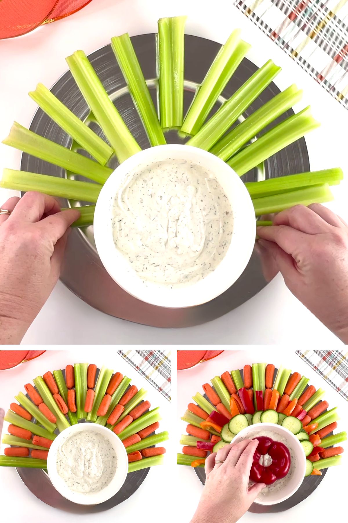 3 image collage of arranging the dip and veggies to make a turkey tray for thanksgiving