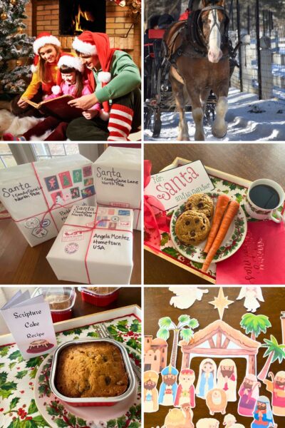 Montage of Christmas Eve activities with a couple reading to their child in front of the fireplace, a horse-drawn sleigh, packages with North Pole stamps, cookies and carrots on a tray, scripture cake and a nativity themed scavenger hunt