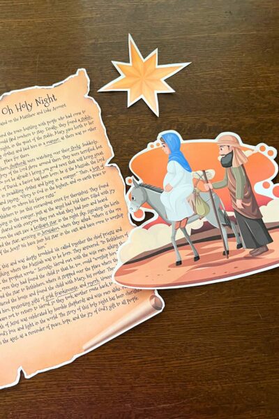 Printable Christmas Story, Star and Holy Family on a wooden background