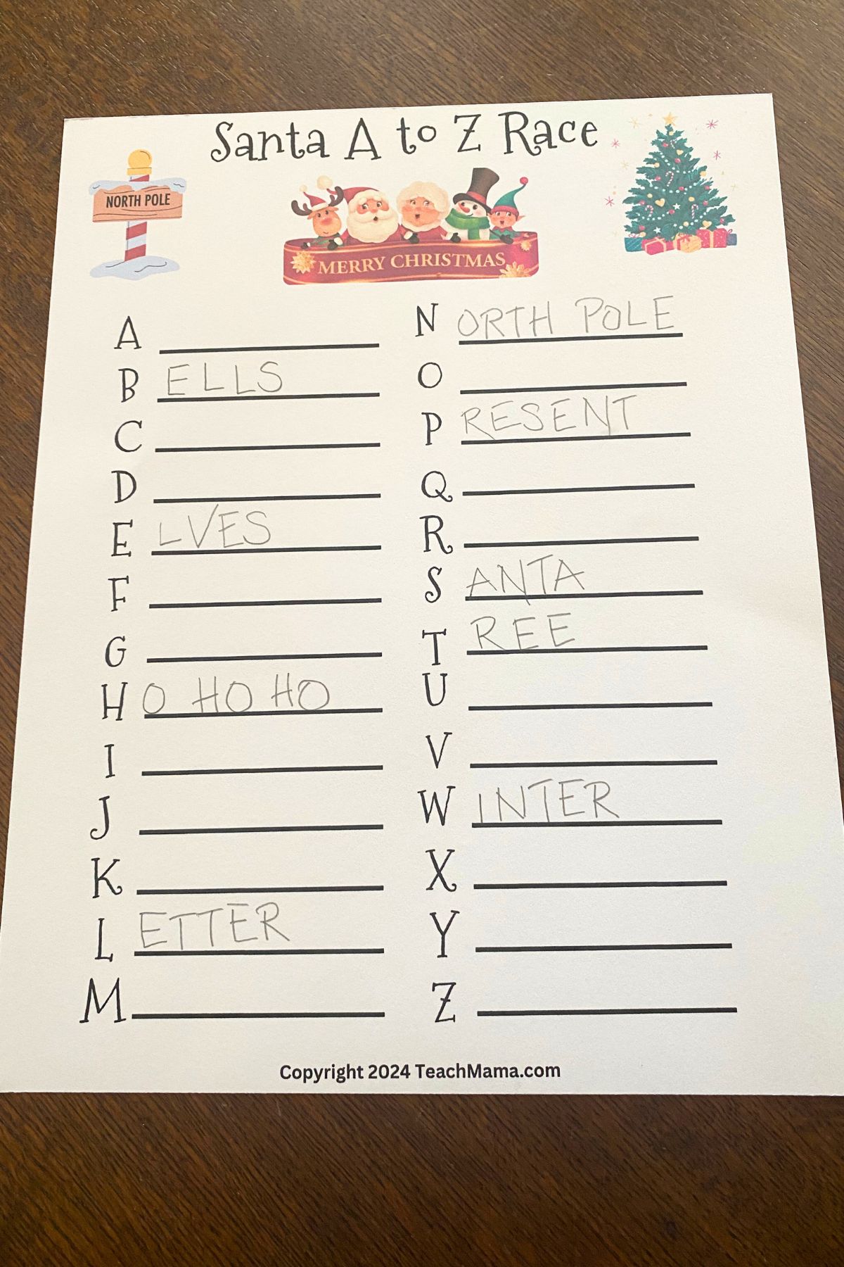 Printed Satna A to Z Race with the alphabet and lines to write in in two columns on the page