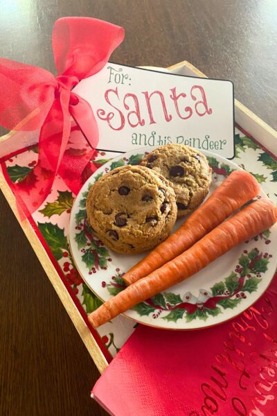 Cookies and carrots on a Christmas plate all on a wooden tray with a holly and berry theme