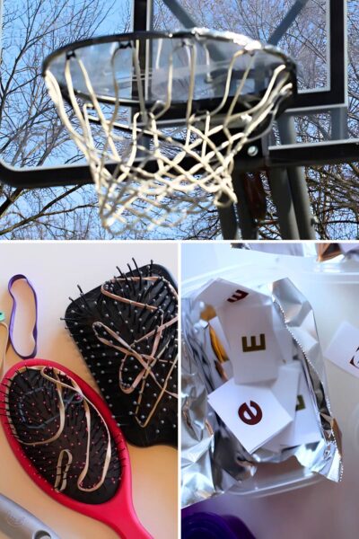 Three picture collage with a basketball hoop plugged with clear plastic wrap, rubber bands in hair brushes and brown printed letter e's