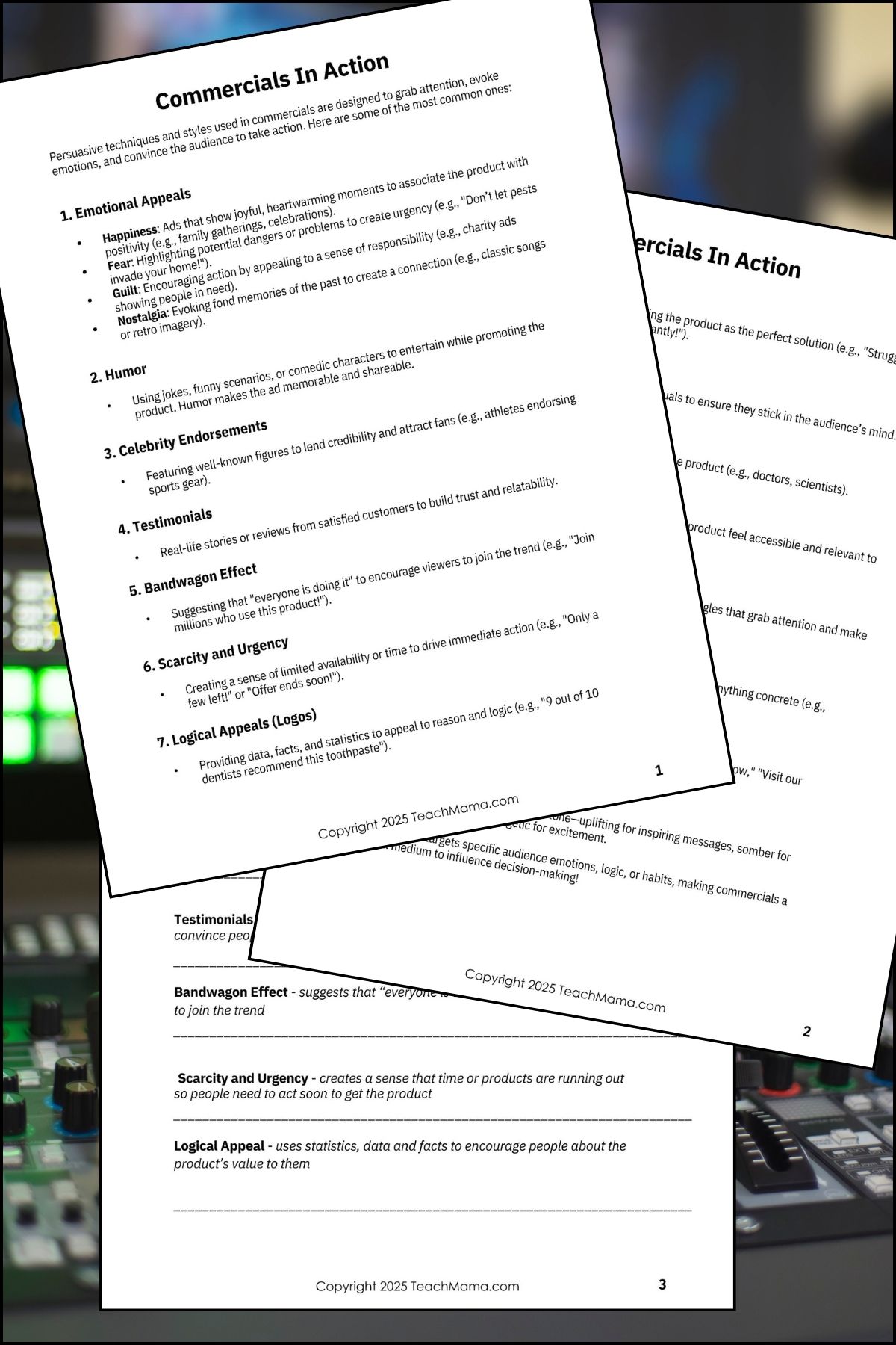 Commercials in action printable with a TV studio in the background