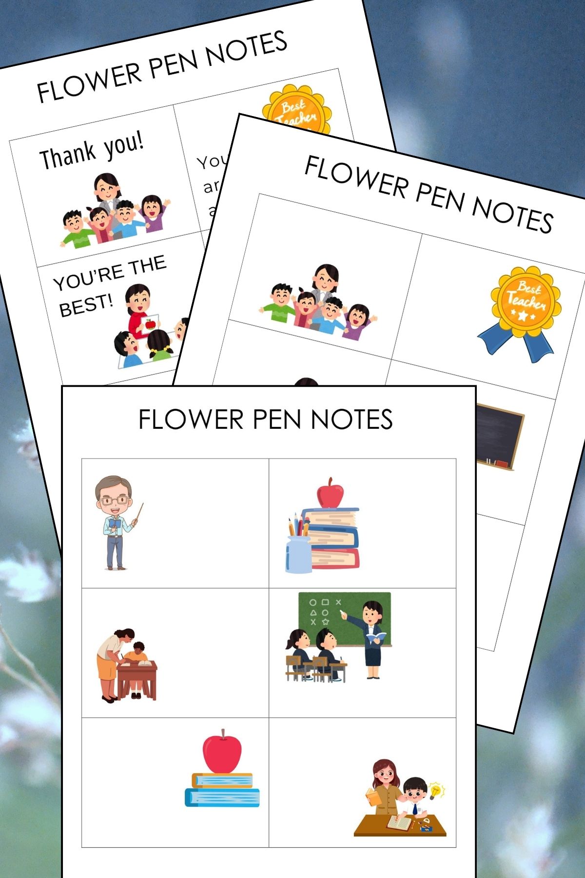 Printed Page of note cards with the flower pen pots with colorful graphics and affirmations like thank you!